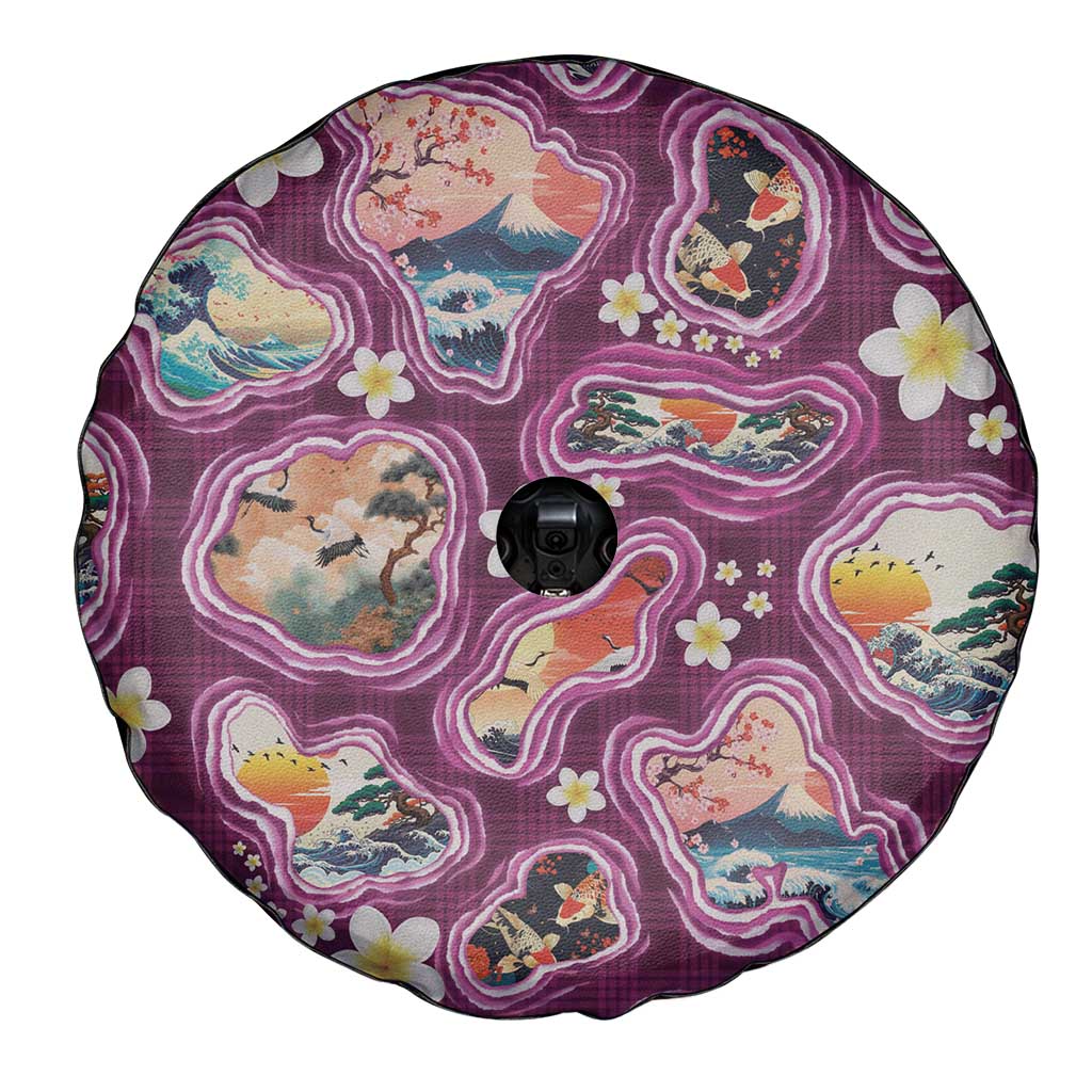 Hawaii Islands Map Design with Japanese Landscape Spare Tire Cover Hawaiian Japan Fusion Art Pink Color LT03 - Polynesian Pride