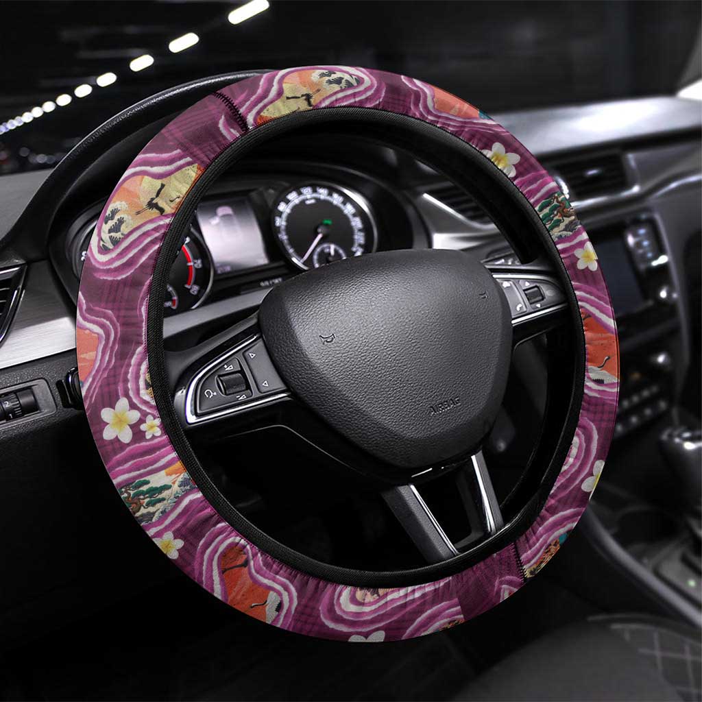 Hawaii Islands Map Design with Japanese Landscape Steering Wheel Cover Hawaiian Japan Fusion Art Pink Color