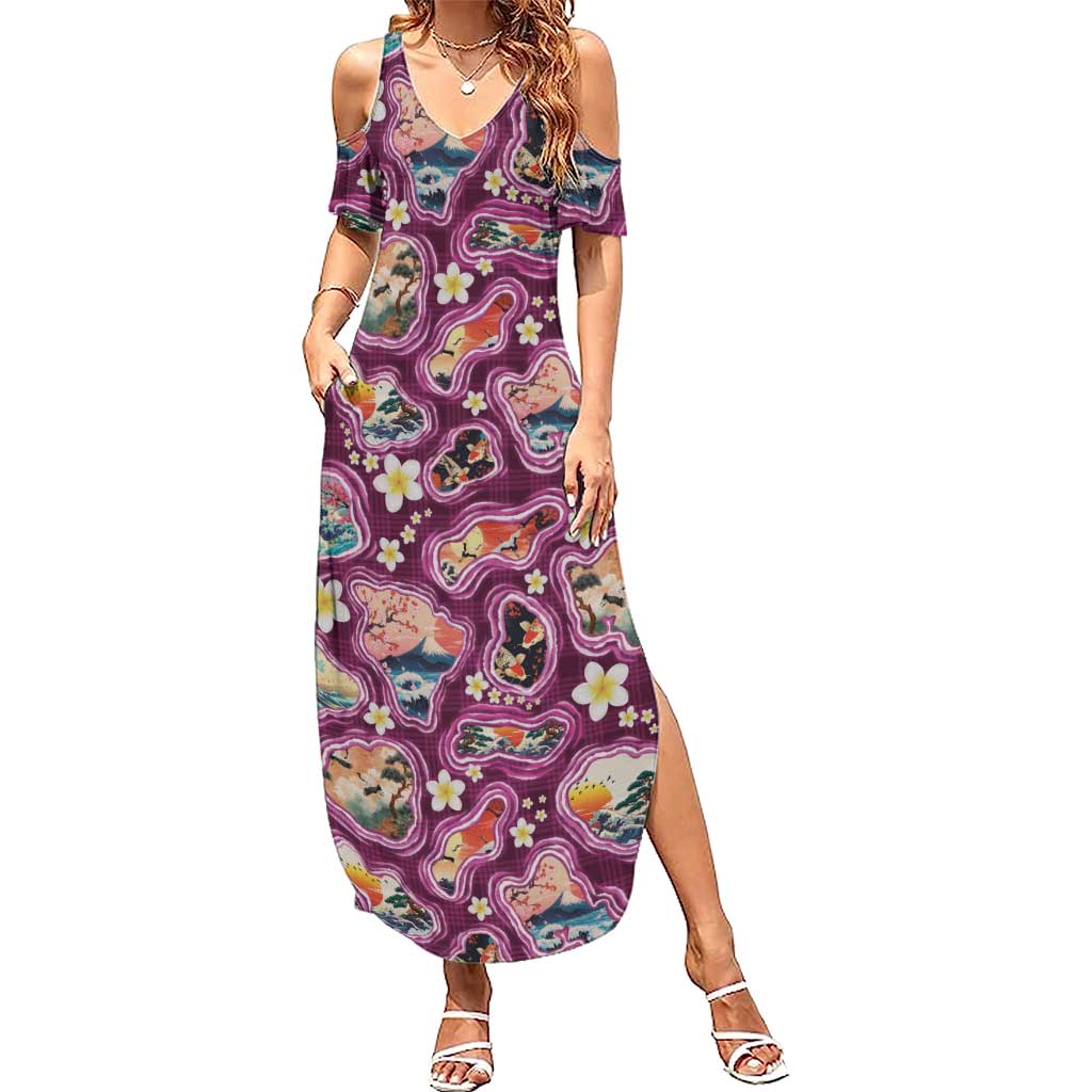 Hawaii Islands Map Design with Japanese Landscape Summer Maxi Dress Hawaiian Japan Fusion Art Pink Color LT03 Women Pink - Polynesian Pride