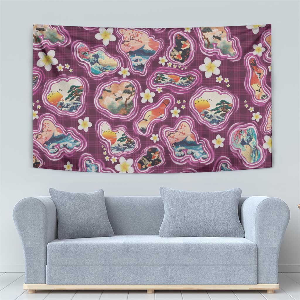 Hawaii Islands Map Design with Japanese Landscape Tapestry Hawaiian Japan Fusion Art Pink Color LT03 - Polynesian Pride
