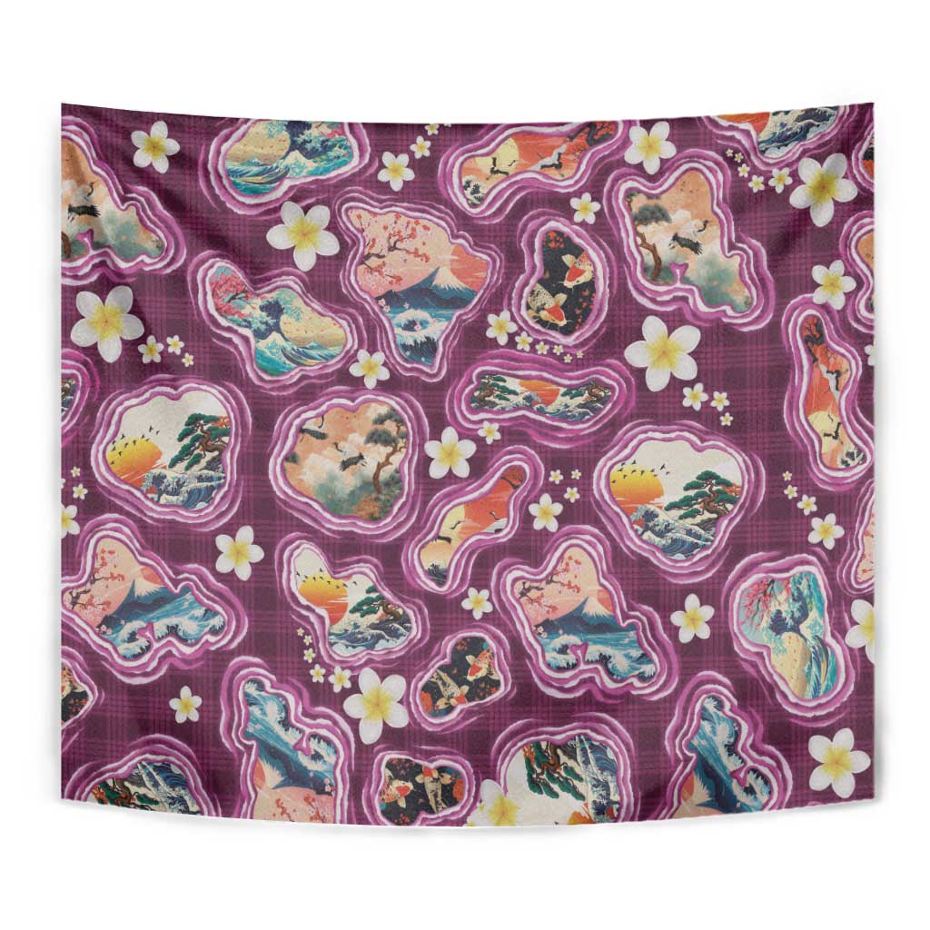 Hawaii Islands Map Design with Japanese Landscape Tapestry Hawaiian Japan Fusion Art Pink Color LT03 - Polynesian Pride