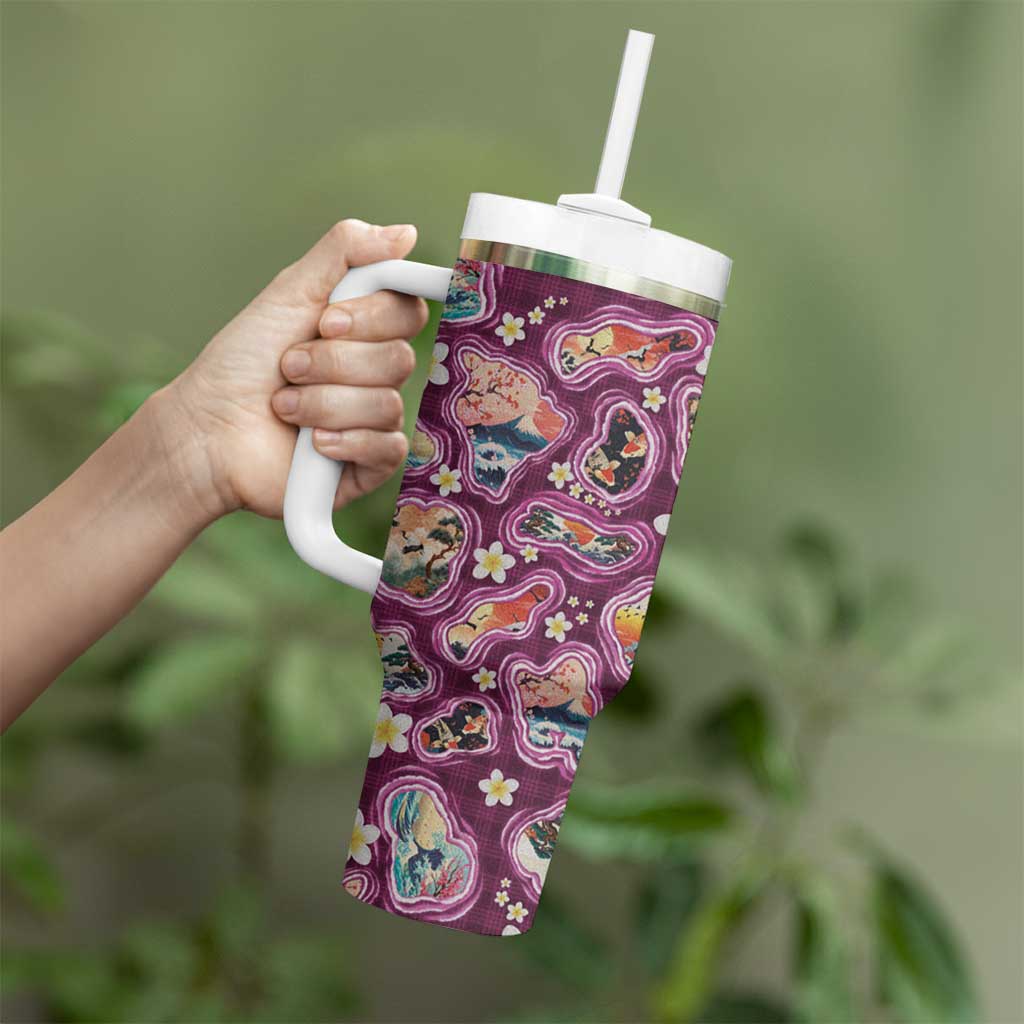Hawaii Islands Map Design with Japanese Landscape Tumbler With Handle Hawaiian Japan Fusion Art Pink Color LT03 - Polynesian Pride