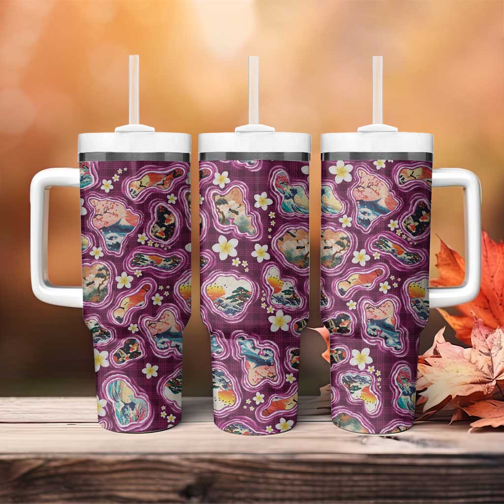 Hawaii Islands Map Design with Japanese Landscape Tumbler With Handle Hawaiian Japan Fusion Art Pink Color LT03 - Polynesian Pride