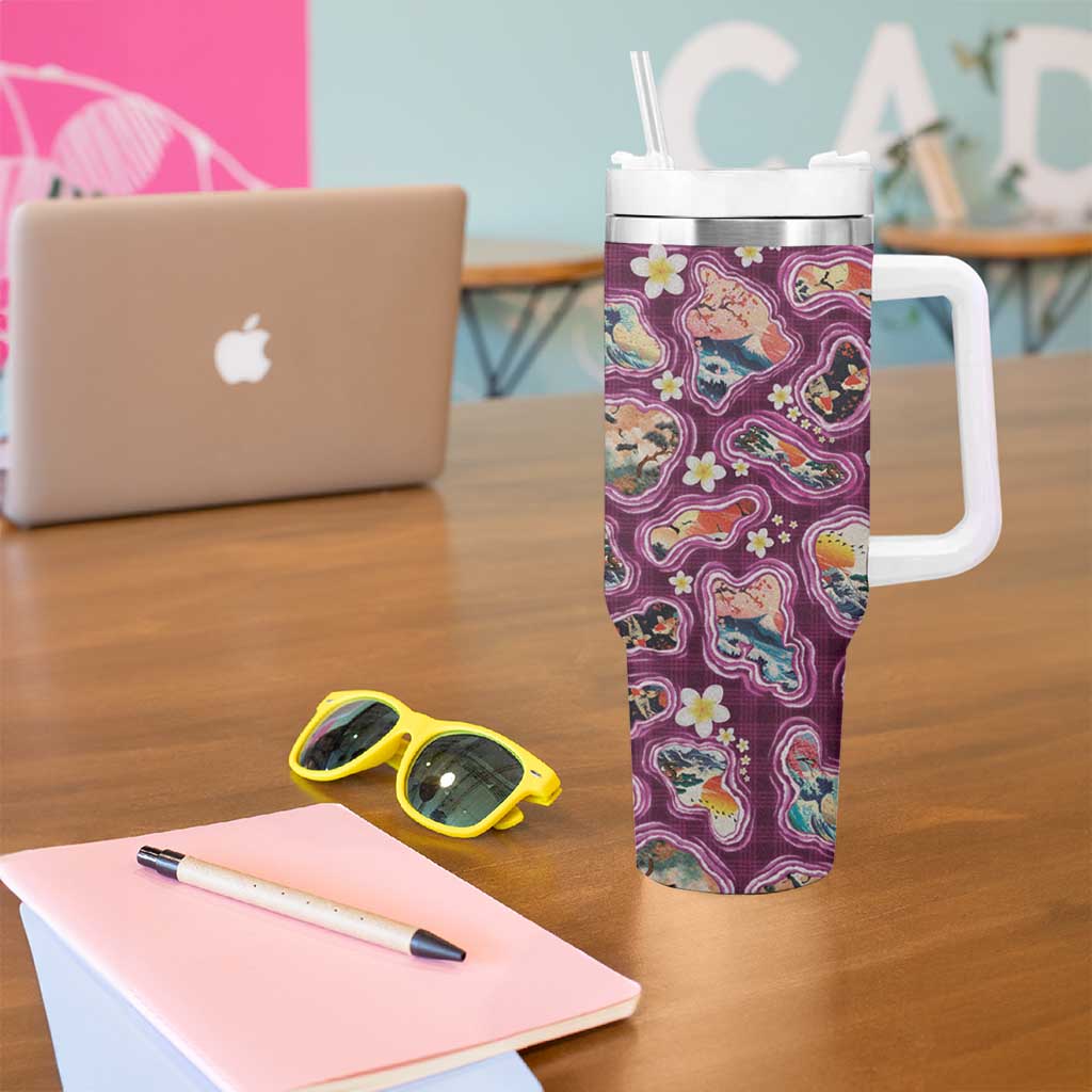 Hawaii Islands Map Design with Japanese Landscape Tumbler With Handle Hawaiian Japan Fusion Art Pink Color LT03 - Polynesian Pride
