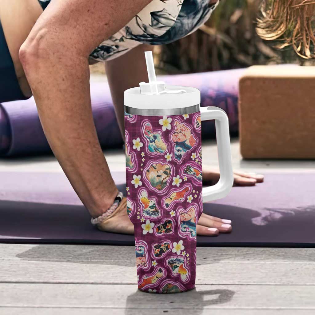 Hawaii Islands Map Design with Japanese Landscape Tumbler With Handle Hawaiian Japan Fusion Art Pink Color LT03 - Polynesian Pride