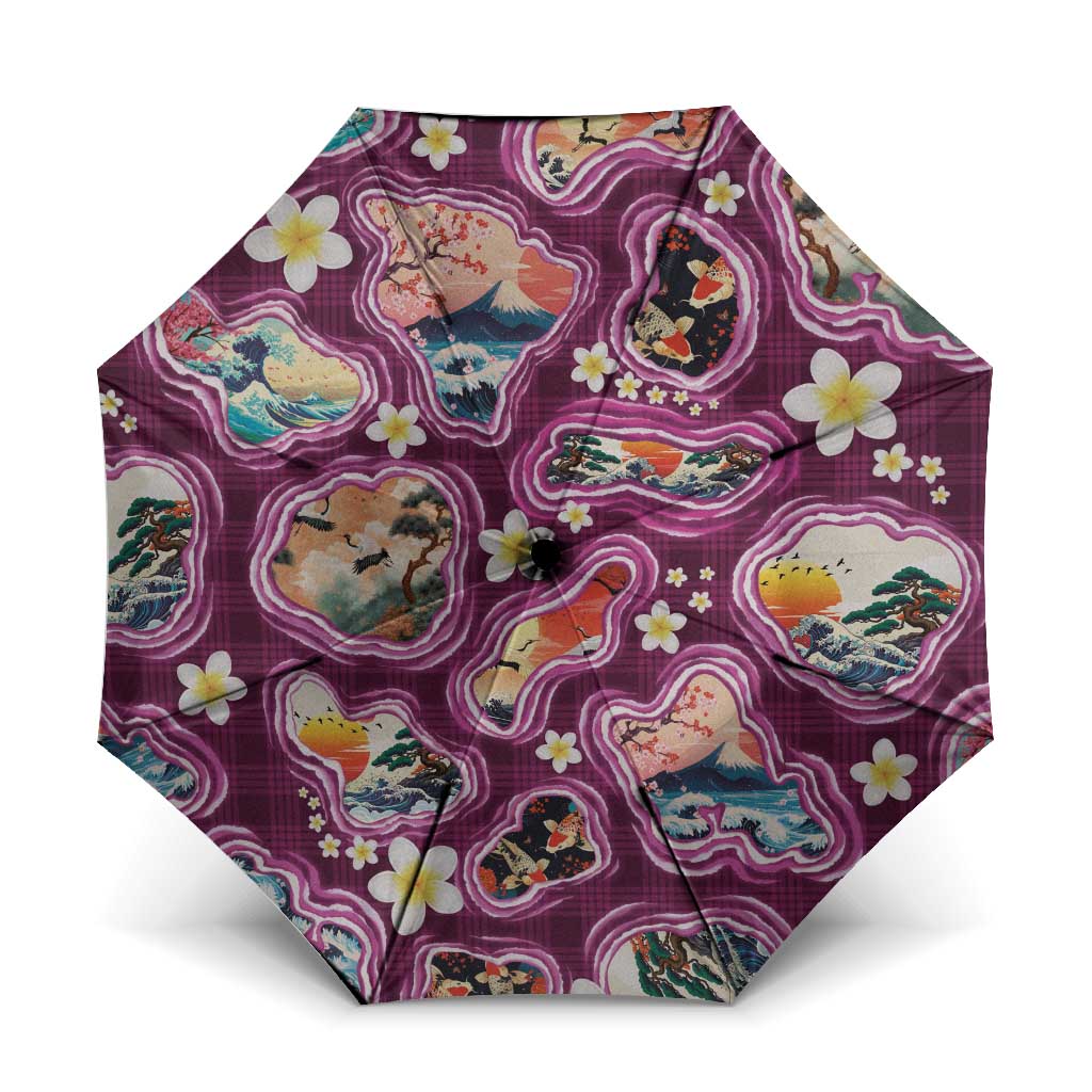 Hawaii Islands Map Design with Japanese Landscape Umbrella Hawaiian Japan Fusion Art Pink Color LT03 One Size Folded 11.42 inch Opened Diameter 37.4 inch Pink - Polynesian Pride