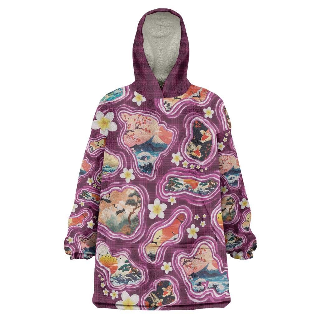 Hawaii Islands Map Design with Japanese Landscape Wearable Blanket Hoodie Hawaiian Japan Fusion Art Pink Color