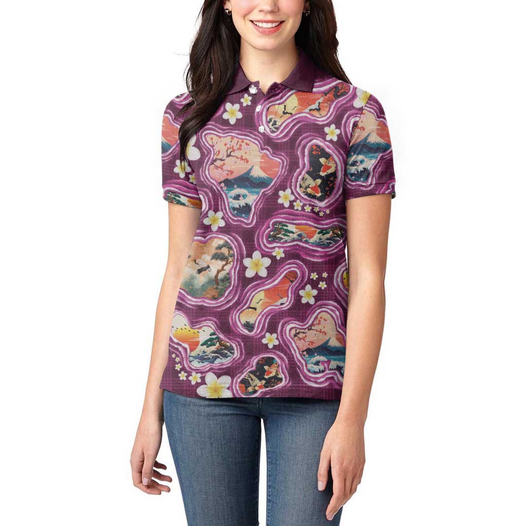Hawaii Islands Map Design with Japanese Landscape Women Polo Shirt Hawaiian Japan Fusion Art Pink Color LT03 - Polynesian Pride