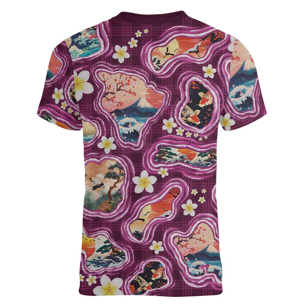 Hawaii Islands Map Design with Japanese Landscape Women V-Neck T-Shirt Hawaiian Japan Fusion Art Pink Color LT03 - Polynesian Pride