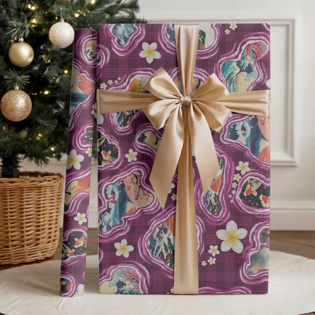 Hawaii Islands Map Design with Japanese Landscape Wrapping Paper Hawaiian Japan Fusion Art Pink Color LT03 - Polynesian Pride