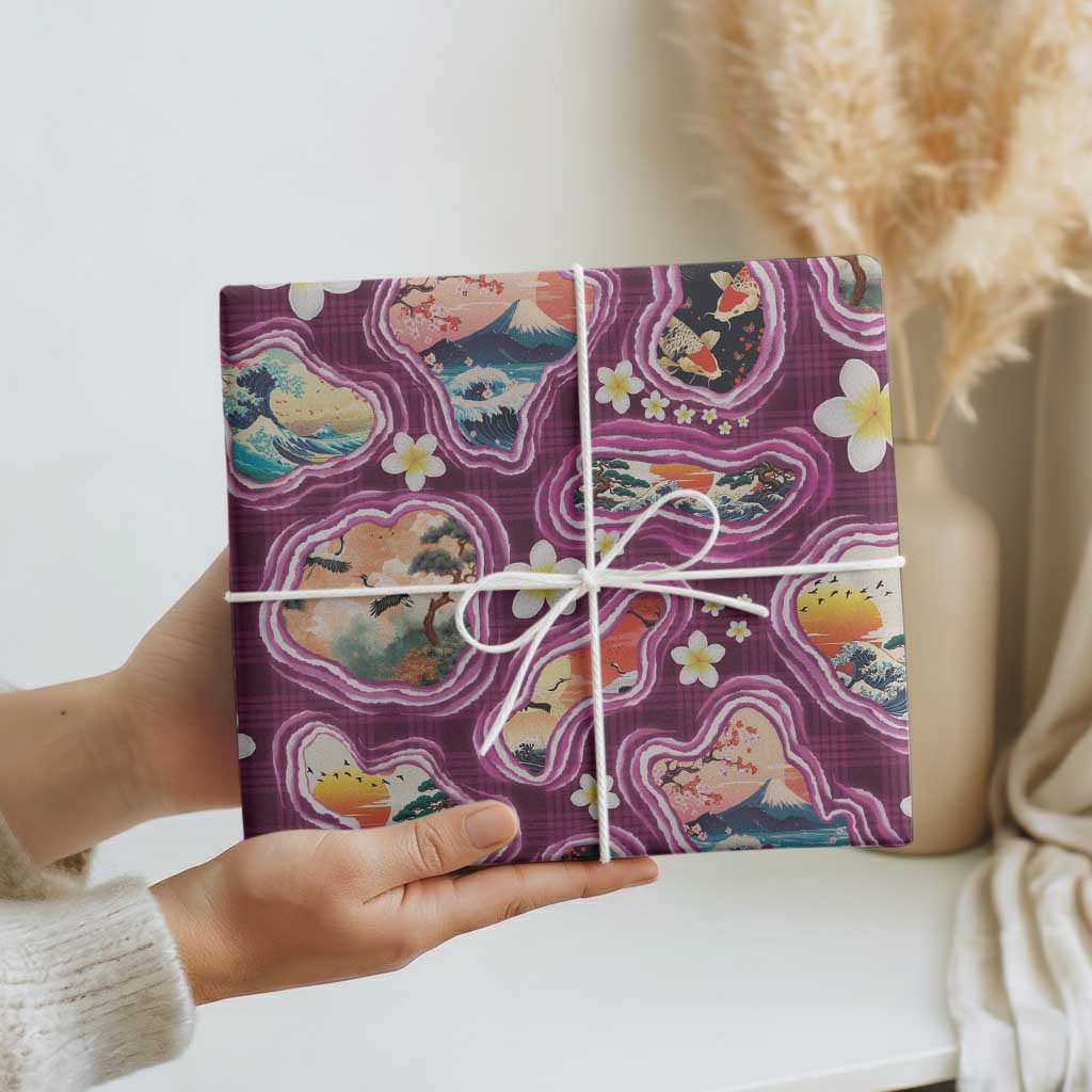 Hawaii Islands Map Design with Japanese Landscape Wrapping Paper Hawaiian Japan Fusion Art Pink Color LT03 - Polynesian Pride