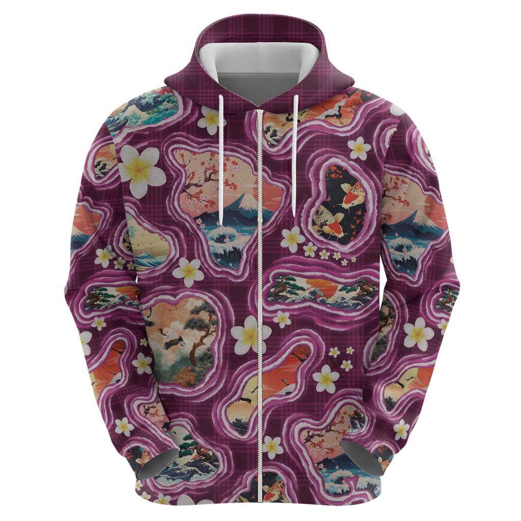 Hawaii Islands Map Design with Japanese Landscape Zip Hoodie Hawaiian Japan Fusion Art Pink Color LT03 - Polynesian Pride