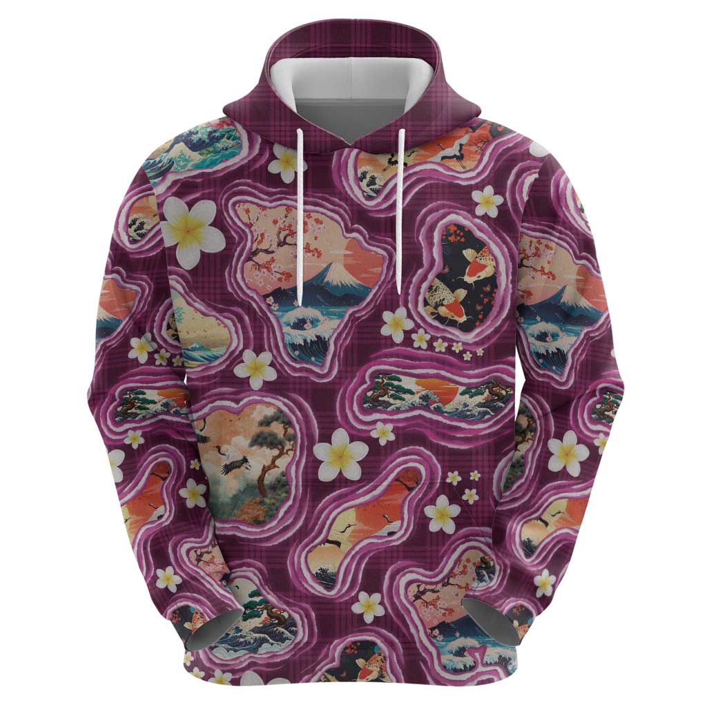 Hawaii Islands Map Design with Japanese Landscape Zip Hoodie Hawaiian Japan Fusion Art Pink Color LT03 - Polynesian Pride