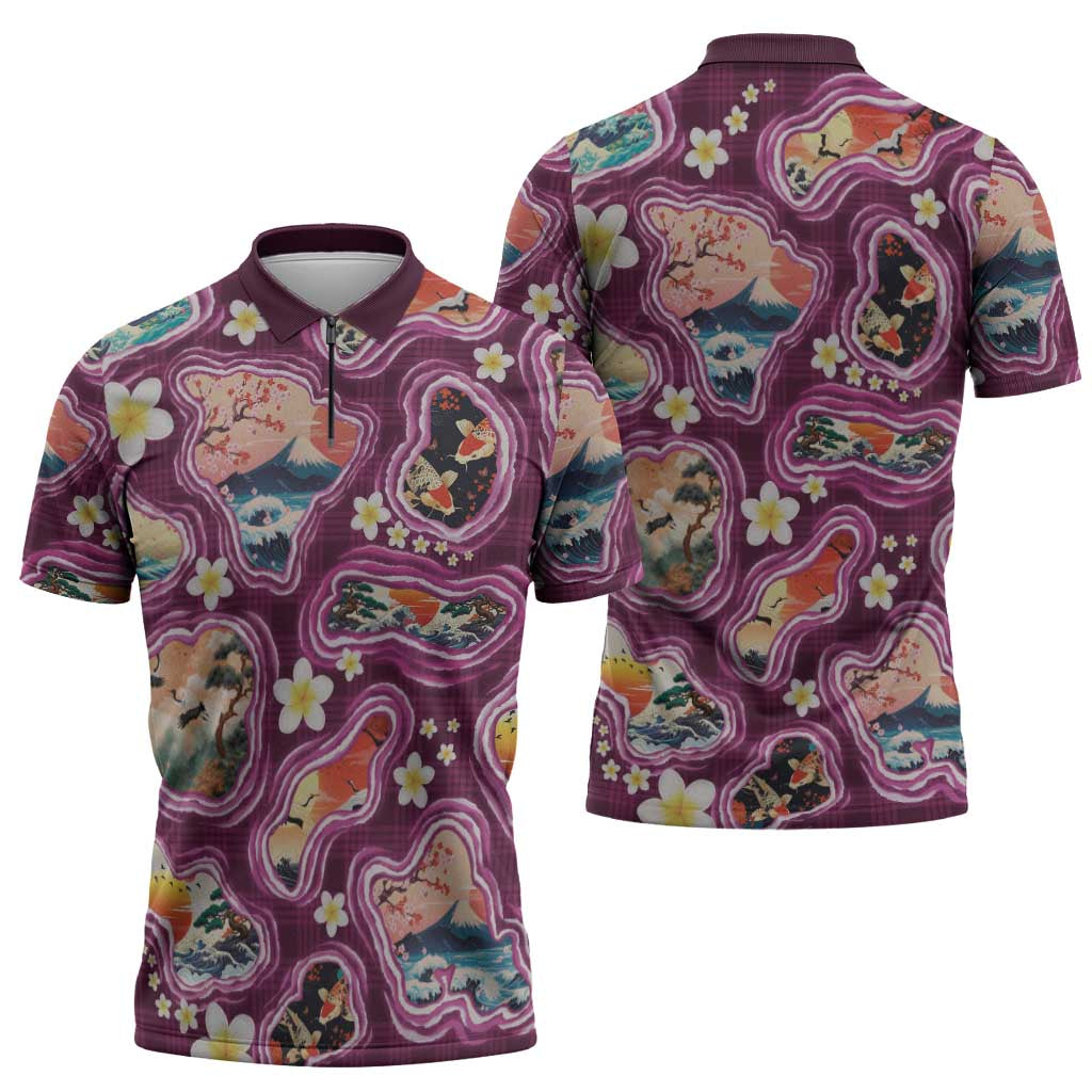 Hawaii Islands Map Design with Japanese Landscape Zipper Polo Shirt Hawaiian Japan Fusion Art Pink Color LT03 - Polynesian Pride