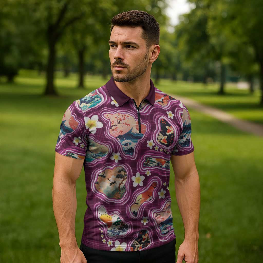 Hawaii Islands Map Design with Japanese Landscape Zipper Polo Shirt Hawaiian Japan Fusion Art Pink Color LT03 - Polynesian Pride