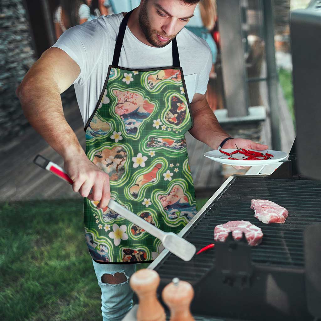 Hawaiian and Japanese Culture Together Apron Hawaiian Island Shapes with Japanese Landscape Green Color LT03 - Polynesian Pride