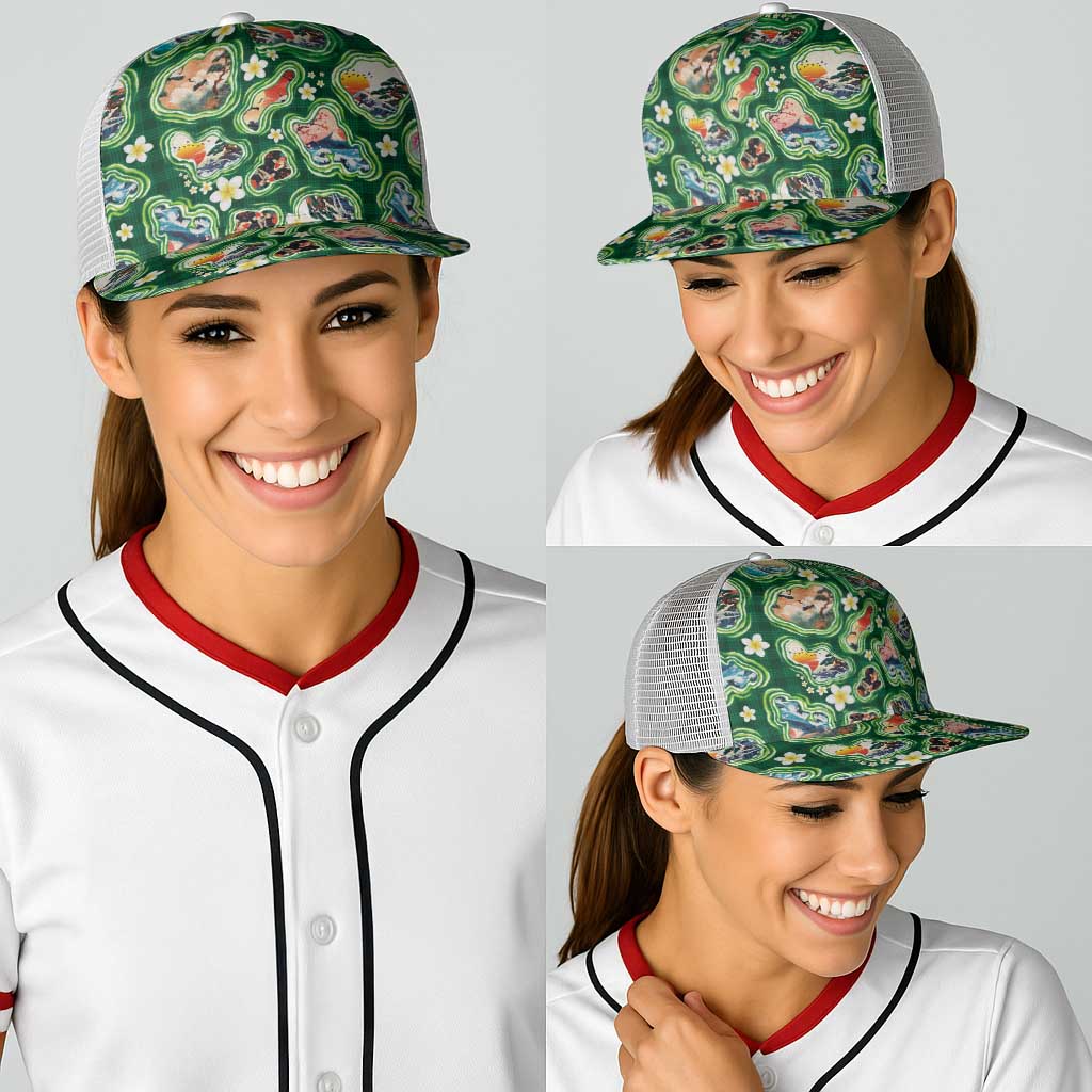 Hawaiian and Japanese Culture Together Baseball Net Cap Hawaiian Island Shapes with Japanese Landscape Green Color LT03 - Polynesian Pride