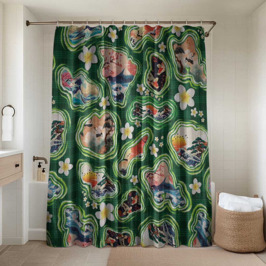 Hawaiian and Japanese Culture Together Bathroom Set Hawaiian Island Shapes with Japanese Landscape Green Color LT03 Shower Curtain Only Green - Polynesian Pride