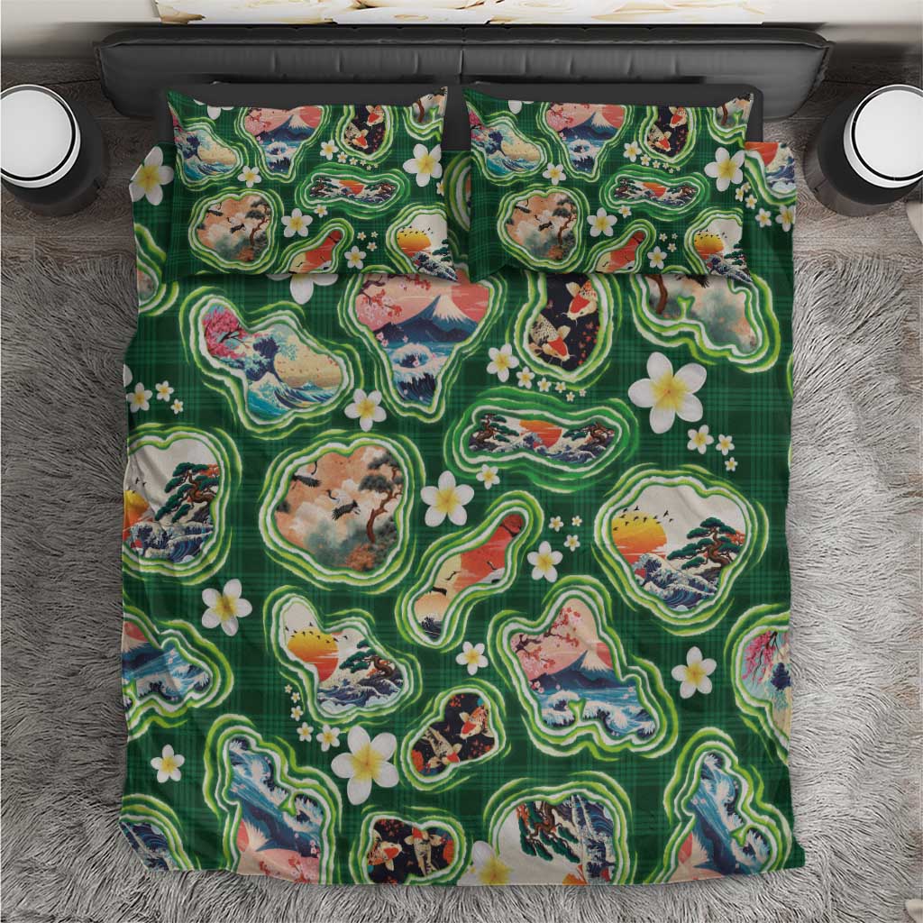 Hawaiian and Japanese Culture Together Bedding Set Hawaiian Island Shapes with Japanese Landscape Green Color LT03 Green - Polynesian Pride