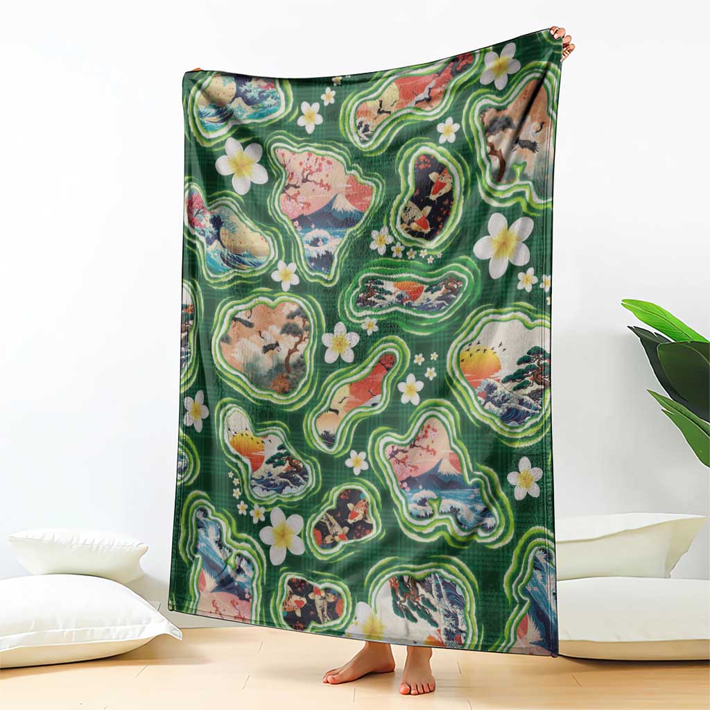 Hawaiian and Japanese Culture Together Blanket Hawaiian Island Shapes with Japanese Landscape Green Color LT03 - Polynesian Pride