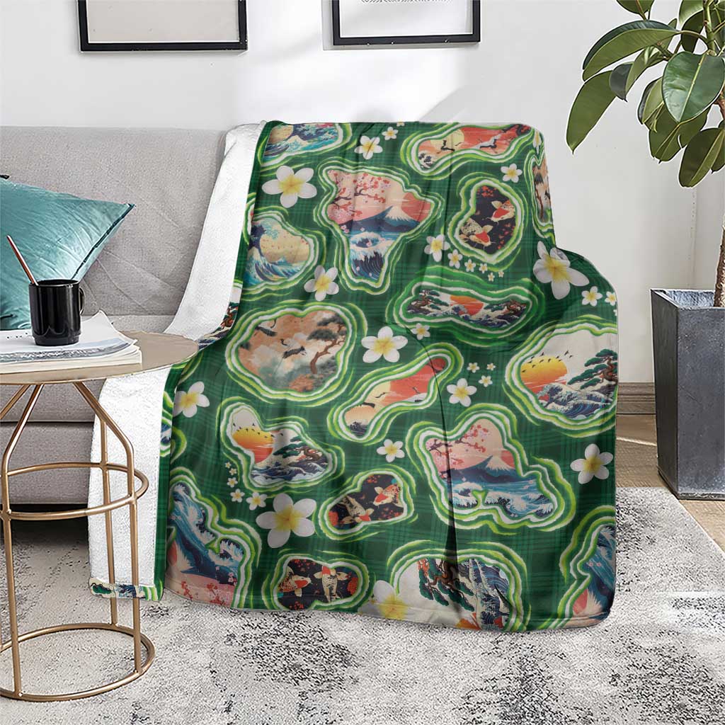 Hawaiian and Japanese Culture Together Blanket Hawaiian Island Shapes with Japanese Landscape Green Color LT03 - Polynesian Pride