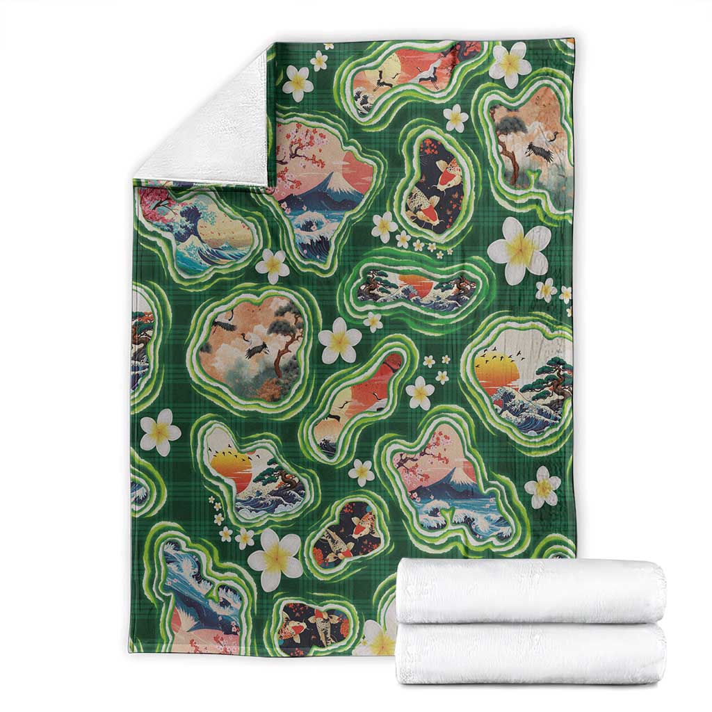 Hawaiian and Japanese Culture Together Blanket Hawaiian Island Shapes with Japanese Landscape Green Color LT03 - Polynesian Pride