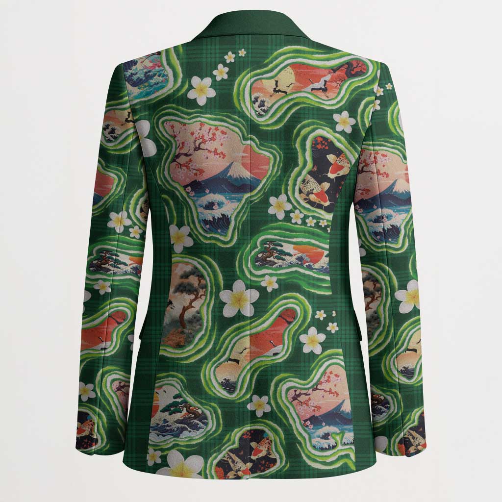 Hawaiian and Japanese Culture Together Blazer Hawaiian Island Shapes with Japanese Landscape Green Color LT03 - Polynesian Pride
