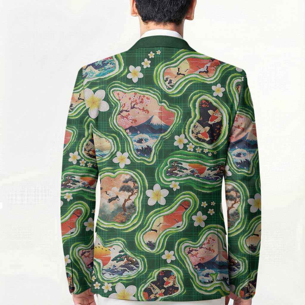 Hawaiian and Japanese Culture Together Blazer Hawaiian Island Shapes with Japanese Landscape Green Color LT03 - Polynesian Pride