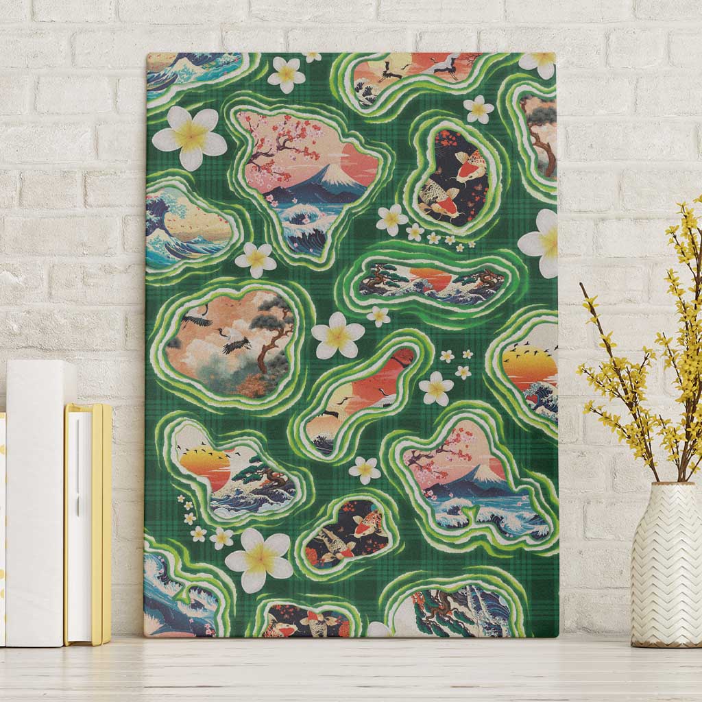 Hawaiian and Japanese Culture Together Canvas Wall Art Hawaiian Island Shapes with Japanese Landscape Green Color