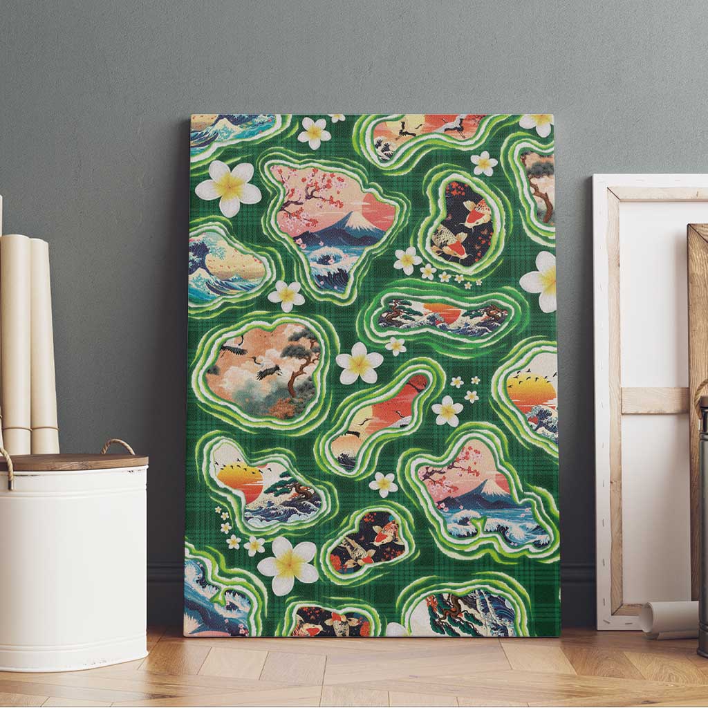 Hawaiian and Japanese Culture Together Canvas Wall Art Hawaiian Island Shapes with Japanese Landscape Green Color LT03 - Polynesian Pride