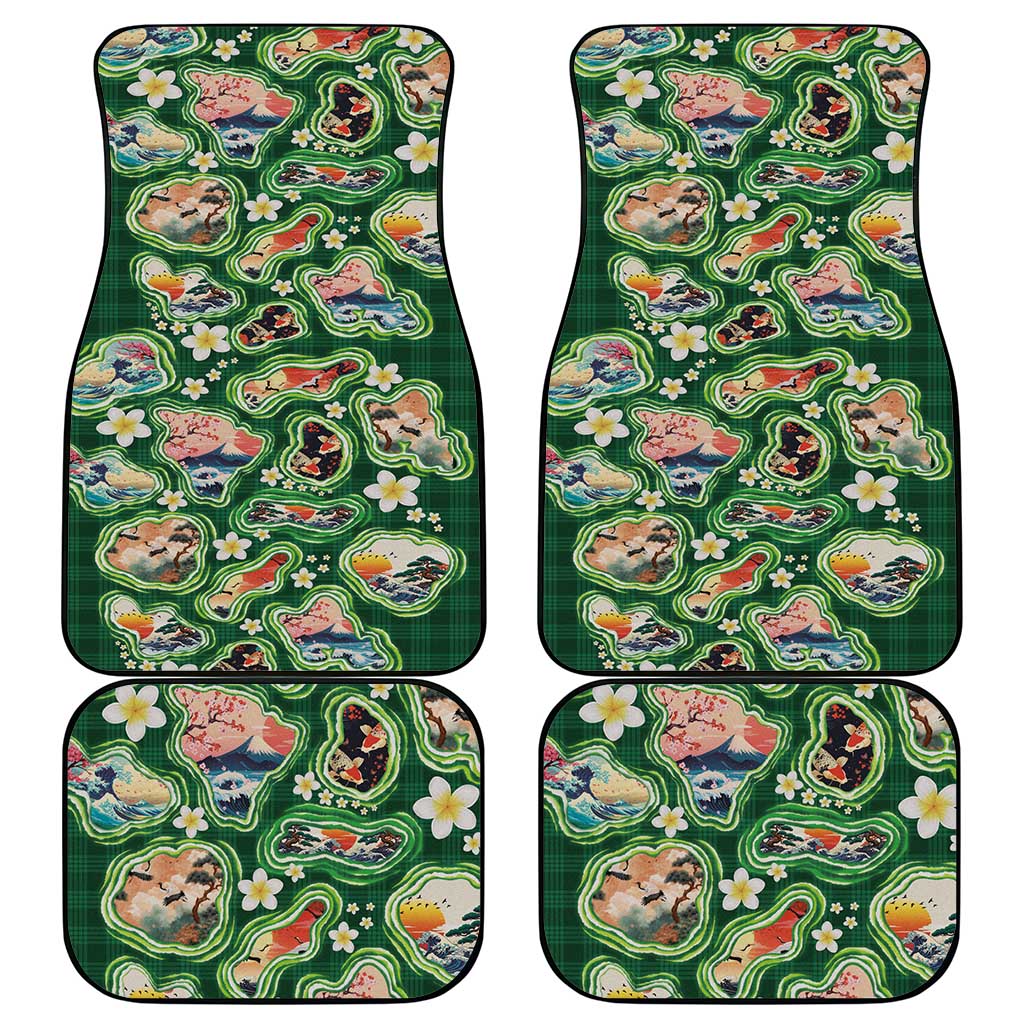 Hawaiian and Japanese Culture Together Car Mats Hawaiian Island Shapes with Japanese Landscape Green Color LT03 - Polynesian Pride