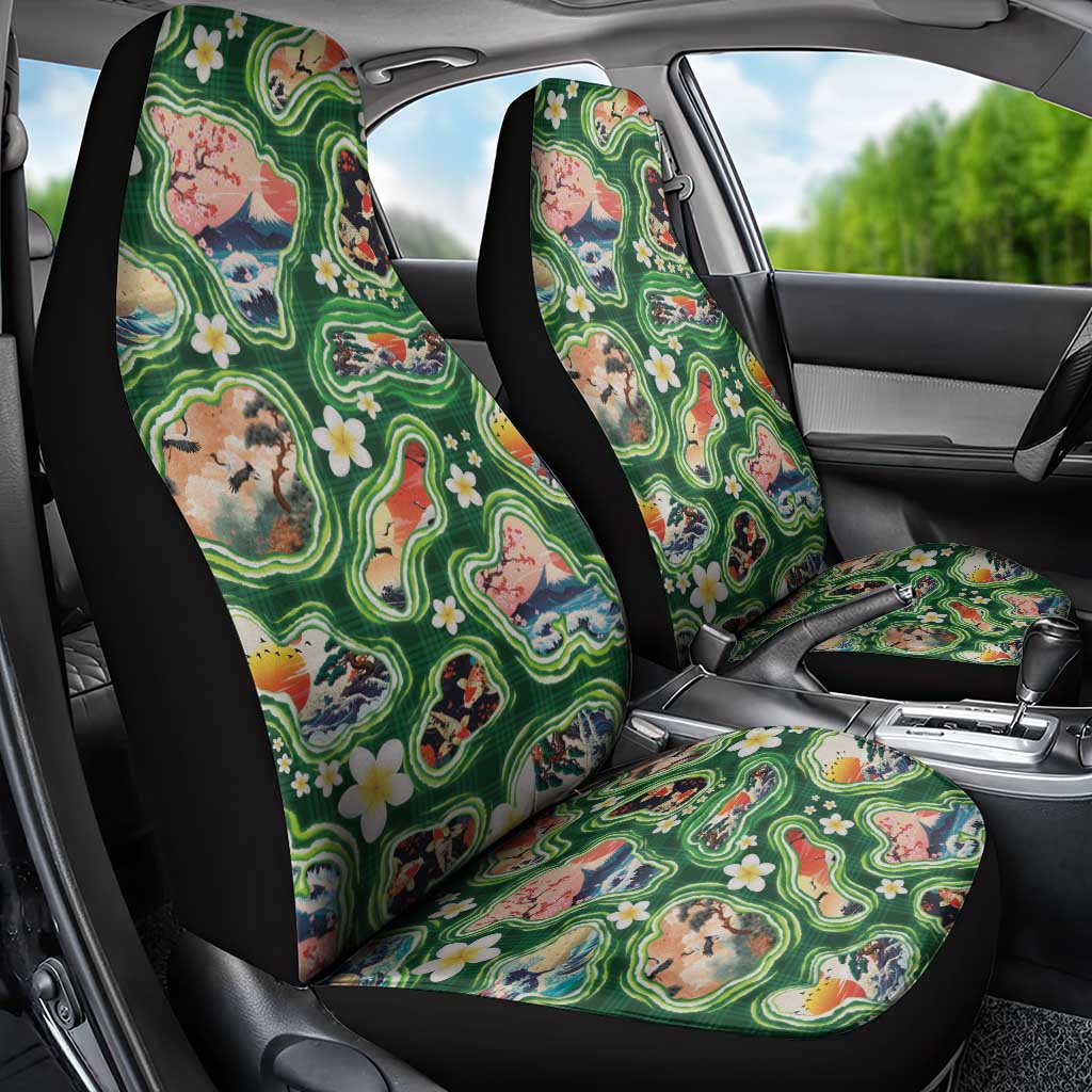 Hawaiian and Japanese Culture Together Car Seat Cover Hawaiian Island Shapes with Japanese Landscape Green Color LT03 - Polynesian Pride