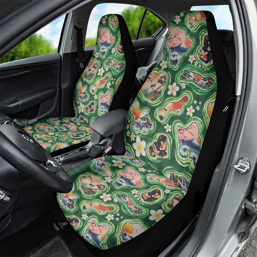 Hawaiian and Japanese Culture Together Car Seat Cover Hawaiian Island Shapes with Japanese Landscape Green Color LT03 - Polynesian Pride