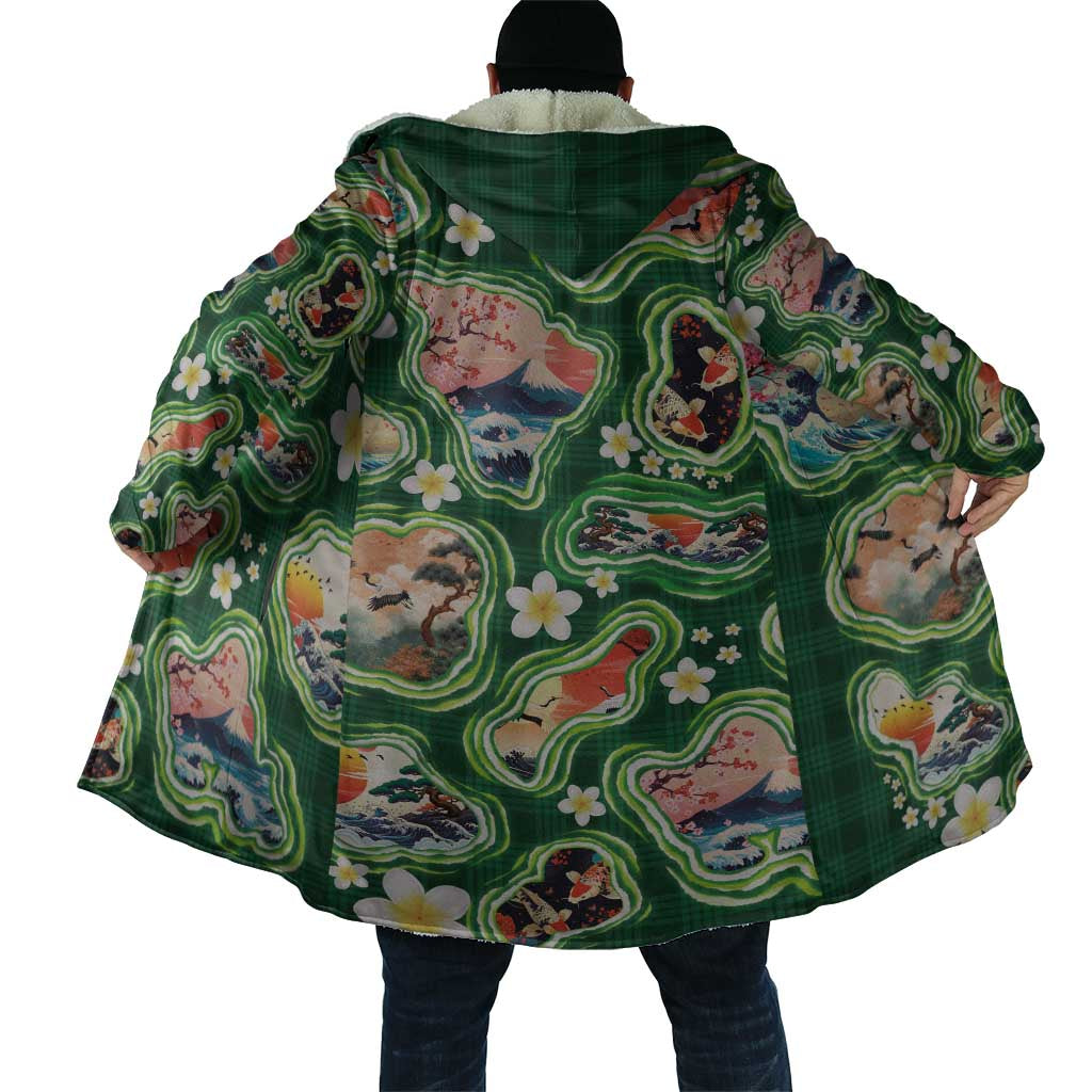 Hawaiian and Japanese Culture Together Cloak Hawaiian Island Shapes with Japanese Landscape Green Color LT03 - Polynesian Pride