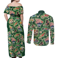Hawaiian and Japanese Culture Together Couples Matching Off Shoulder Maxi Dress and Long Sleeve Button Shirt Hawaiian Island Shapes with Japanese Landscape Green Color LT03 - Polynesian Pride