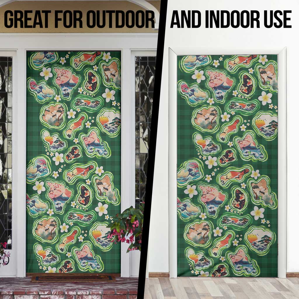 Hawaiian and Japanese Culture Together Door Cover Hawaiian Island Shapes with Japanese Landscape Green Color LT03 - Polynesian Pride