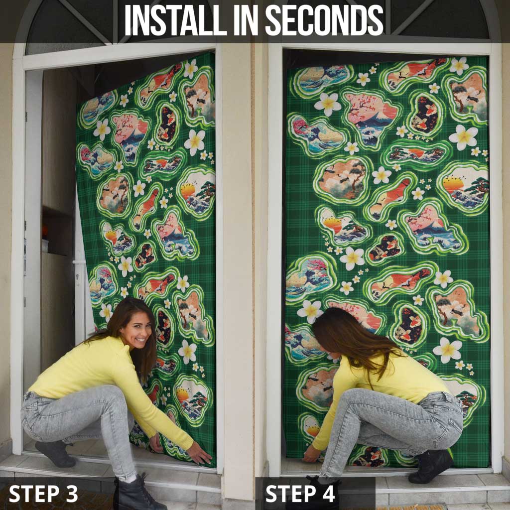 Hawaiian and Japanese Culture Together Door Cover Hawaiian Island Shapes with Japanese Landscape Green Color LT03 - Polynesian Pride