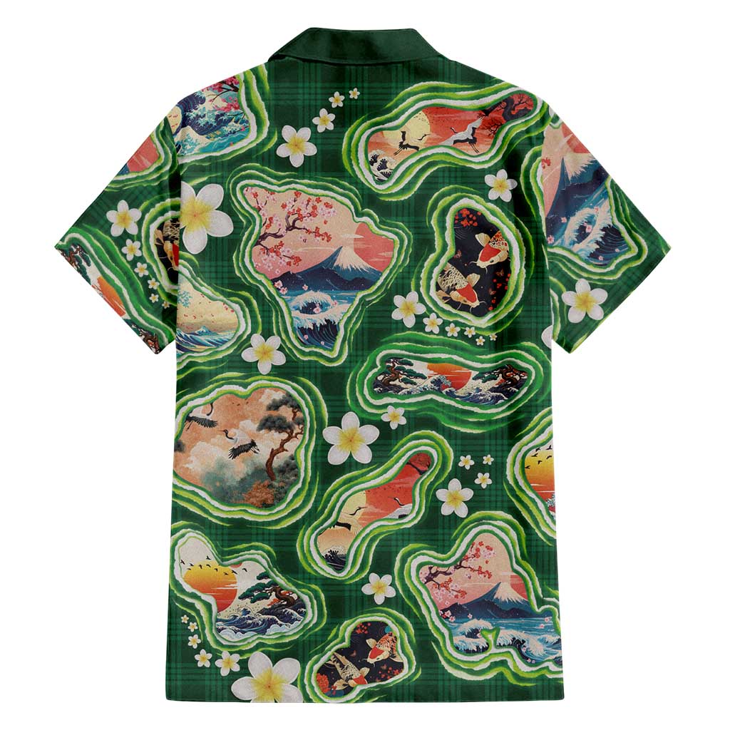 Hawaiian and Japanese Culture Together Family Matching Long Sleeve Bodycon Dress and Hawaiian Shirt Hawaiian Island Shapes with Japanese Landscape Green Color LT03 - Polynesian Pride