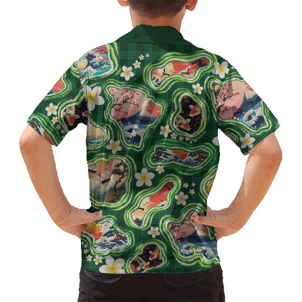 Hawaiian and Japanese Culture Together Family Matching Mermaid Dress and Hawaiian Shirt Hawaiian Island Shapes with Japanese Landscape Green Color LT03 - Polynesian Pride