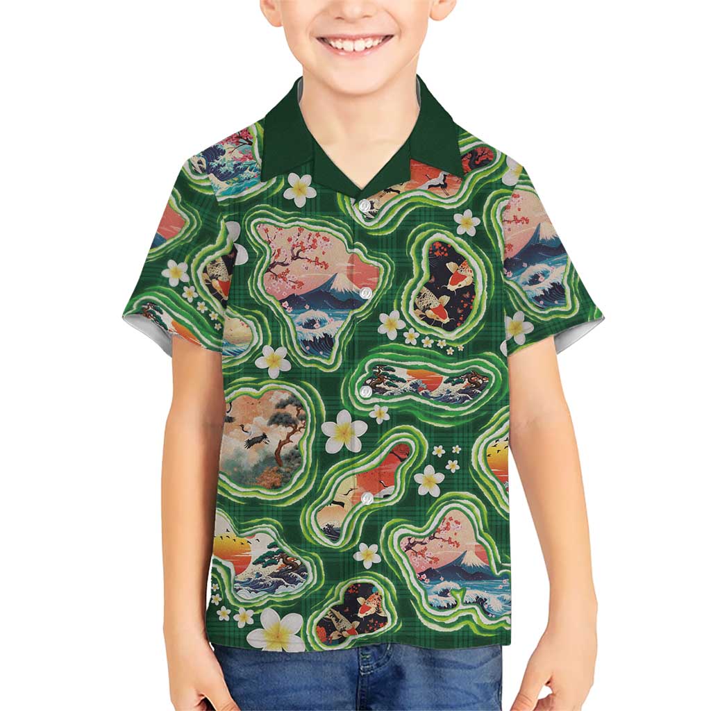 Hawaiian and Japanese Culture Together Family Matching Mermaid Dress and Hawaiian Shirt Hawaiian Island Shapes with Japanese Landscape Green Color LT03 Son's Shirt Green - Polynesian Pride