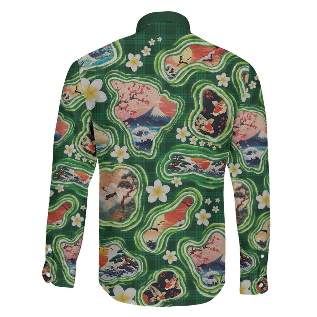 Hawaiian and Japanese Culture Together Family Matching Off The Shoulder Long Sleeve Dress and Hawaiian Shirt Hawaiian Island Shapes with Japanese Landscape Green Color LT03 - Polynesian Pride