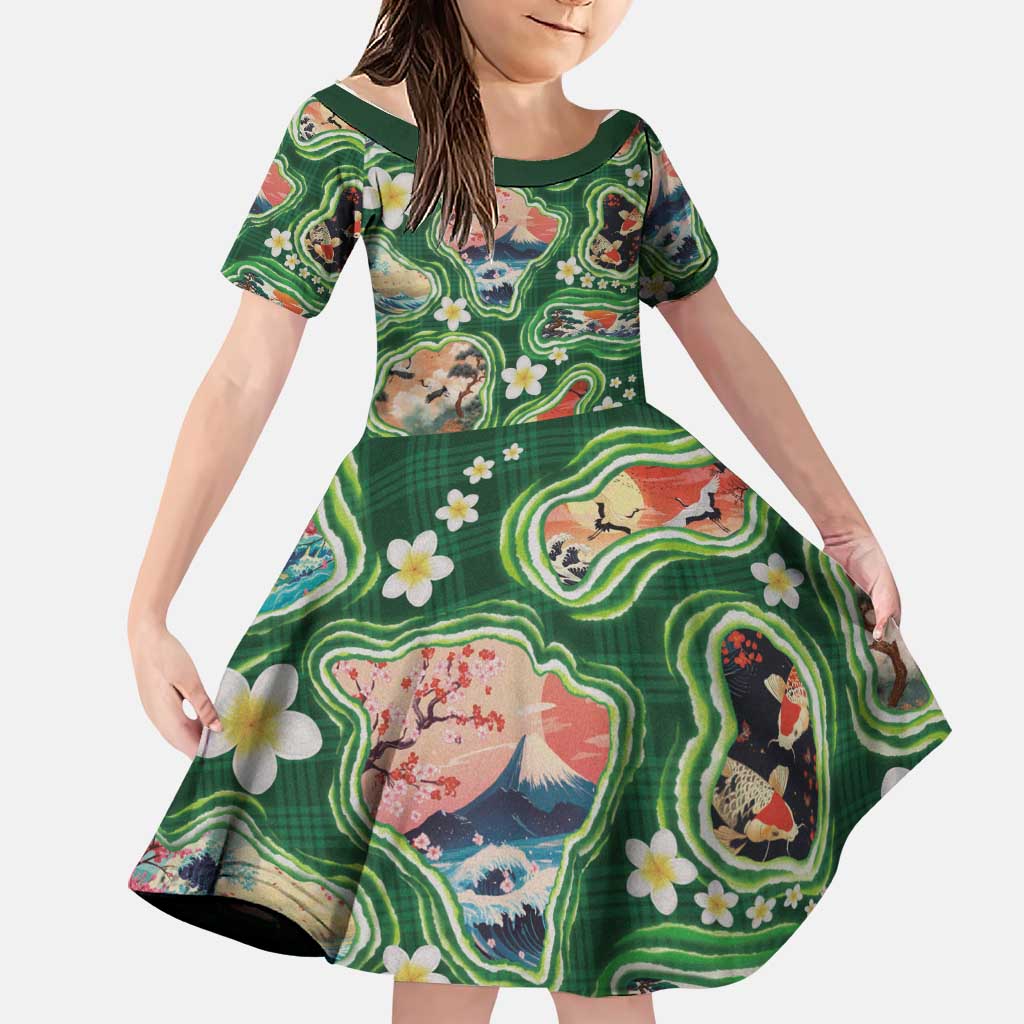 Hawaiian and Japanese Culture Together Family Matching Off Shoulder Maxi Dress and Hawaiian Shirt Hawaiian Island Shapes with Japanese Landscape Green Color LT03 Daughter's Dress Green - Polynesian Pride
