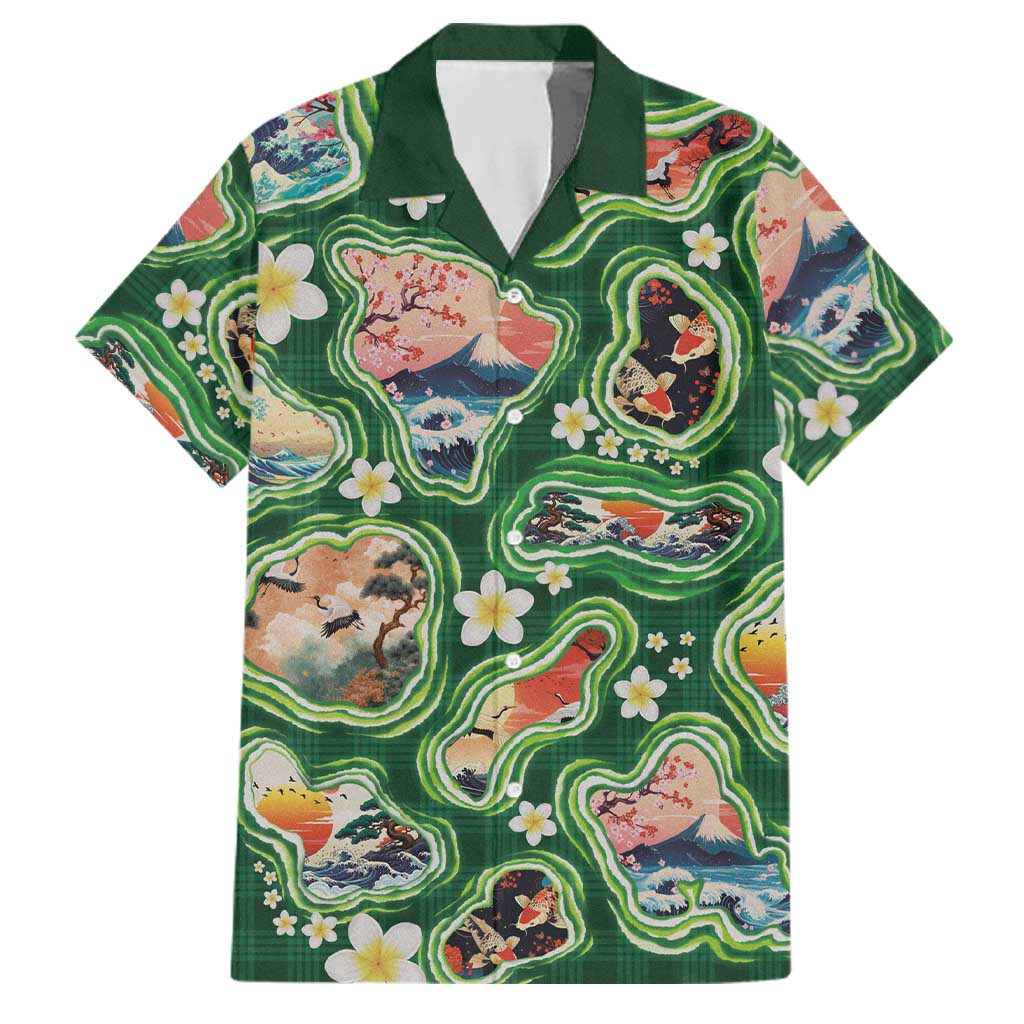 Hawaiian and Japanese Culture Together Family Matching Off Shoulder Short Dress and Hawaiian Shirt Hawaiian Island Shapes with Japanese Landscape Green Color LT03 Dad's Shirt - Short Sleeve Green - Polynesian Pride
