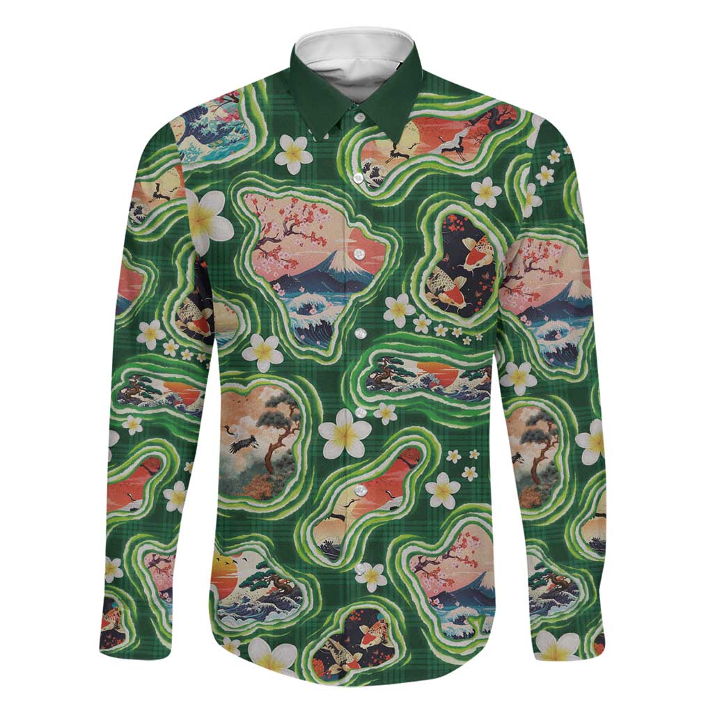 Hawaiian and Japanese Culture Together Family Matching Off Shoulder Short Dress and Hawaiian Shirt Hawaiian Island Shapes with Japanese Landscape Green Color LT03 Dad's Shirt - Long Sleeve Green - Polynesian Pride