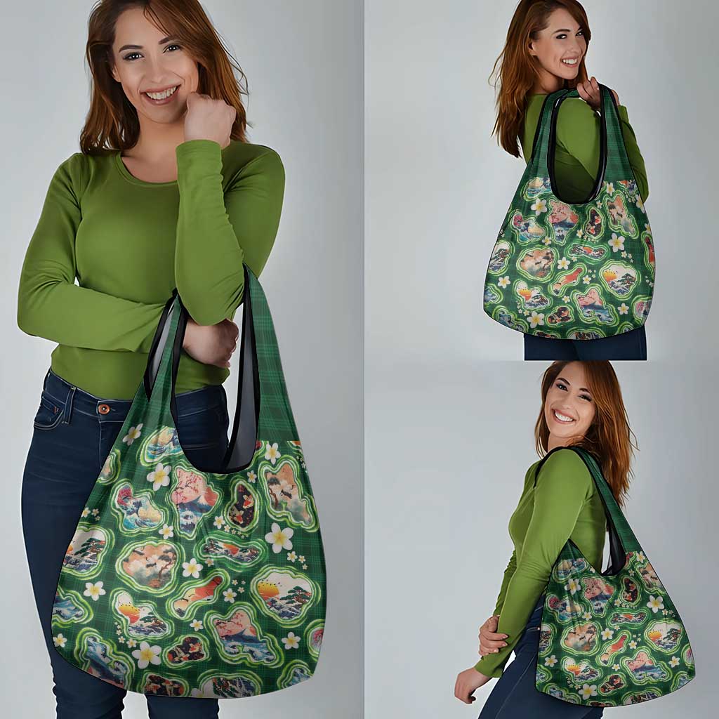 Hawaiian and Japanese Culture Together Grocery Bag Hawaiian Island Shapes with Japanese Landscape Green Color LT03 - Polynesian Pride