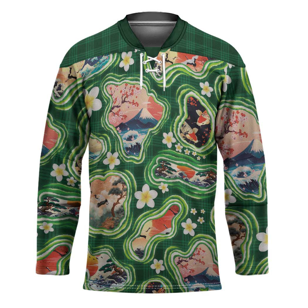 Hawaiian and Japanese Culture Together Hockey Jersey Hawaiian Island Shapes with Japanese Landscape Green Color LT03 Unisex Green - Polynesian Pride