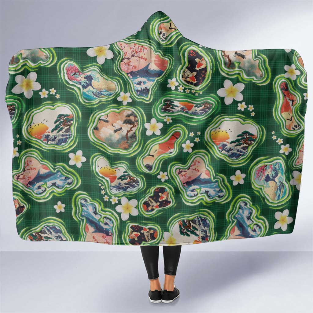 Hawaiian and Japanese Culture Together Hooded Blanket Hawaiian Island Shapes with Japanese Landscape Green Color LT03 One Size Green - Polynesian Pride