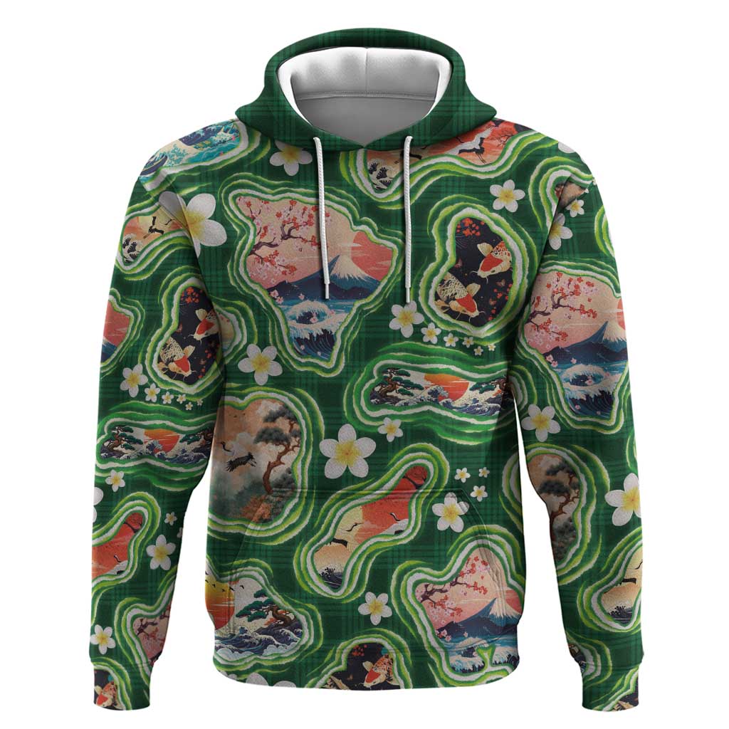 Hawaiian and Japanese Culture Together Hoodie Hawaiian Island Shapes with Japanese Landscape Green Color LT03 Pullover Hoodie Green - Polynesian Pride