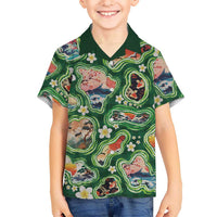 Hawaiian and Japanese Culture Together Kid Hawaiian Shirt Hawaiian Island Shapes with Japanese Landscape Green Color LT03 Kid Green - Polynesian Pride