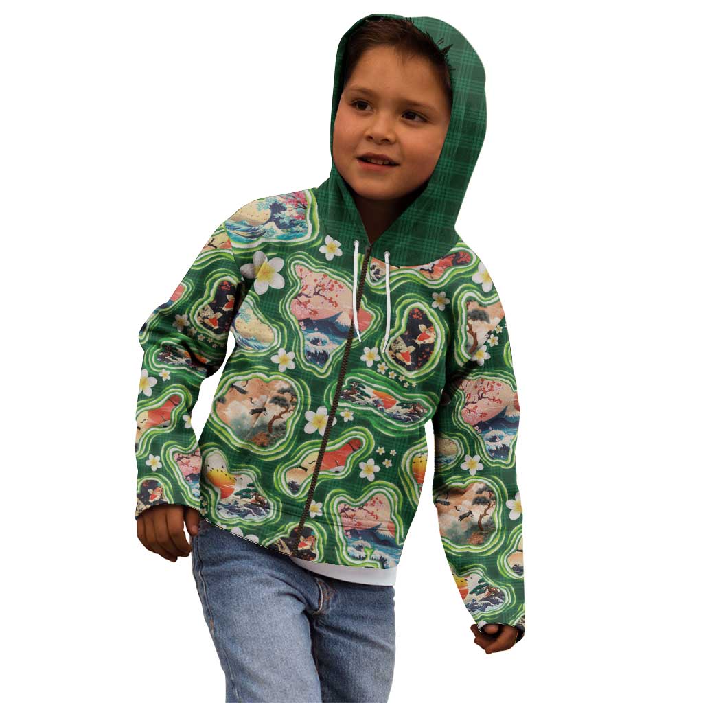 Hawaiian and Japanese Culture Together Kid Hoodie Hawaiian Island Shapes with Japanese Landscape Green Color LT03 - Polynesian Pride